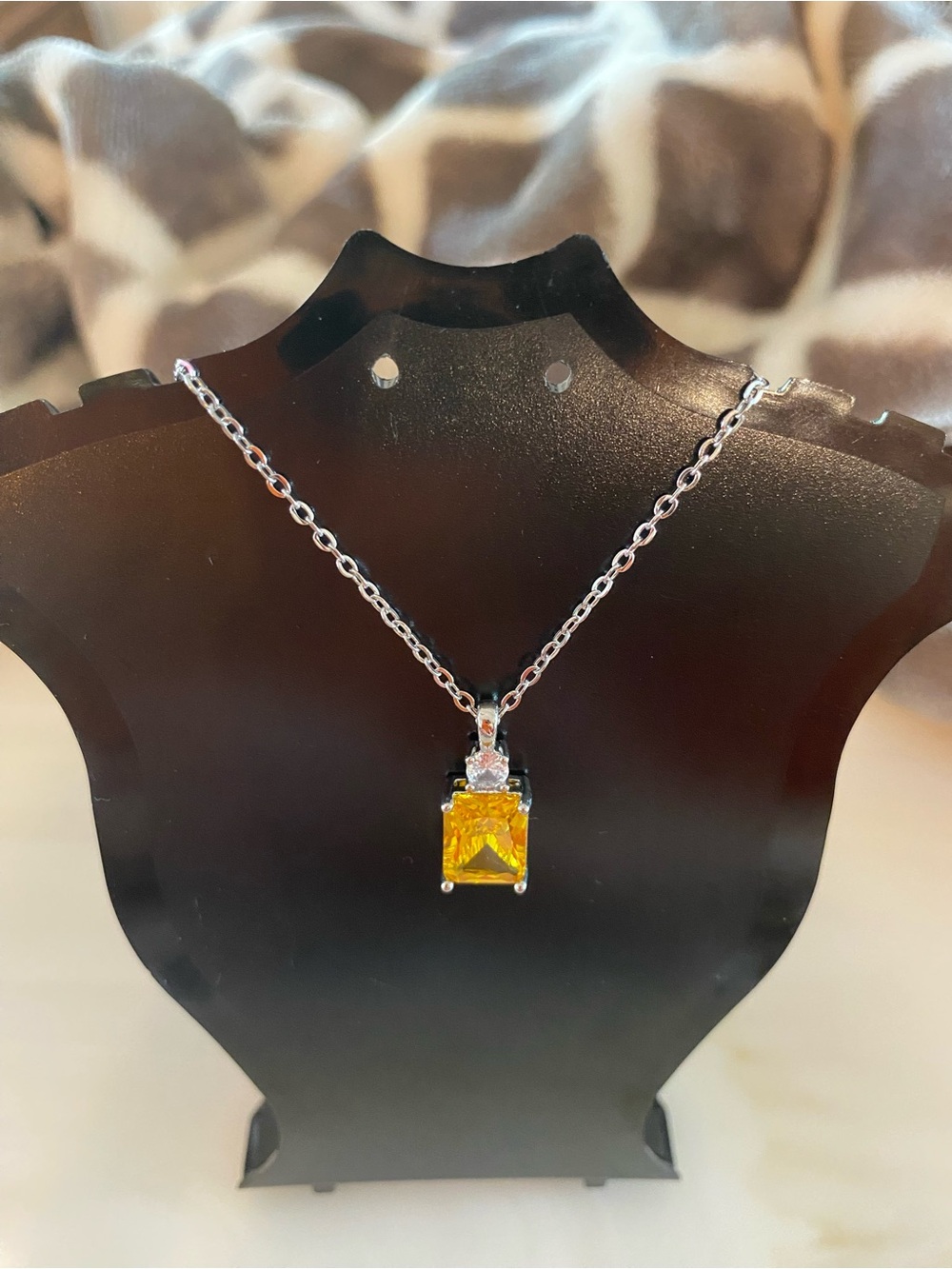 Silver Tone  Necklace with Yellow Square Pendant